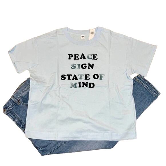 NWT Old Navy Women's Blue Loose Vintage Peace Sign Graphic T-Shirt - Picture 1 of 7